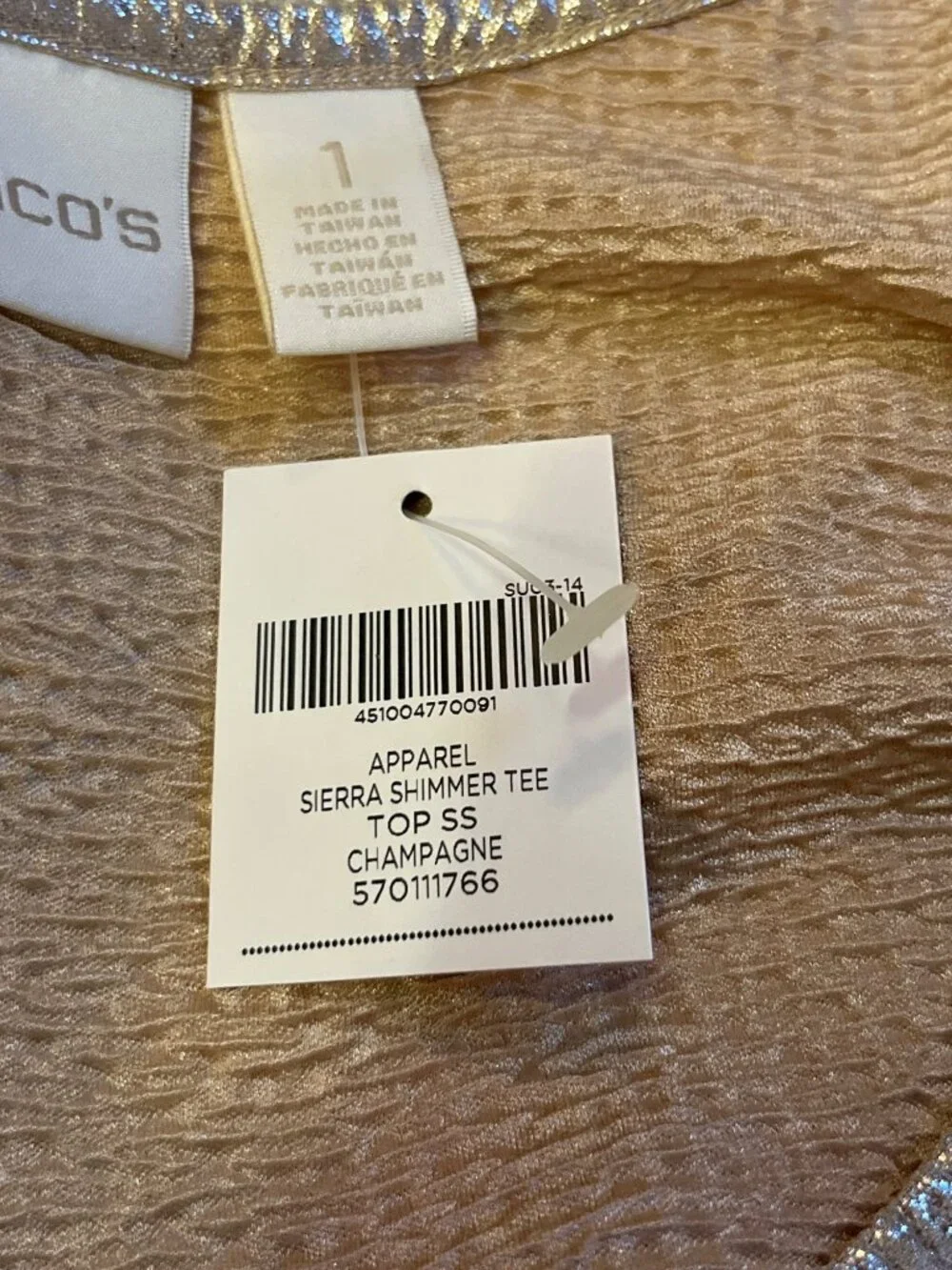 NEW Chicos Sierra Shimmer Tee Champagne Metallic Womens 1 M - Picture 7 of 15